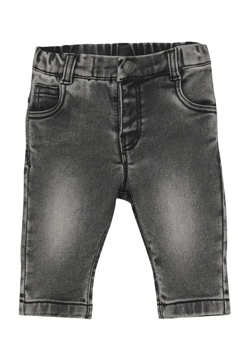Czarne, wyblakłe dżinsowe spodnie dla niemowląt z elastycznym pasem, przednim guzikiem i kieszeniami po obu stronach.