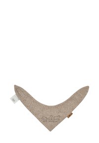 Grauer dreieckiger Schal aus weichem, strukturiertem Material; zeigt drei Bärenillustrationen und den Text "Guten Morgen Bär."