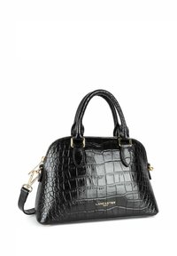 Borsa nera con motivo coccodrillo, finitura lucida, doppio manico superiore, dettagli in metallo dorato e tracolla rimovibile.