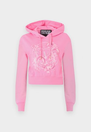 Roza skrajšana jopa s kapuco, z vrvicami, rebrastimi manšetami in robom, na sprednji strani je bel okrašen logotip "Versace Jeans Couture".