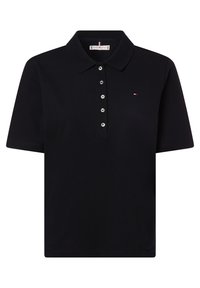 Černé polo tričko vyrobené z bavlny, s límečkem, krátkými rukávy, pěti knoflíkovou légu a malým logem na hrudi.