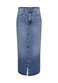 Denim midi kjol med rak skärning, ljusblå färg, framslits, femfickorsdesign och bältesömmar.