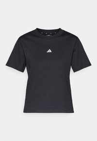 T-shirt en coton noir avec un col rond et des manches courtes. Présente un petit logo blanc sur la poitrine. Texture douce et coupe standard.