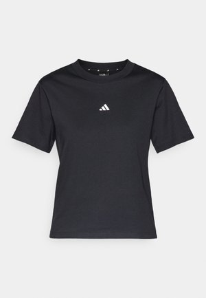Svart bomull T-skjorte med rund hals og korte ermer. Har en liten hvit logo på brystet. Myk tekstur og standard passform.