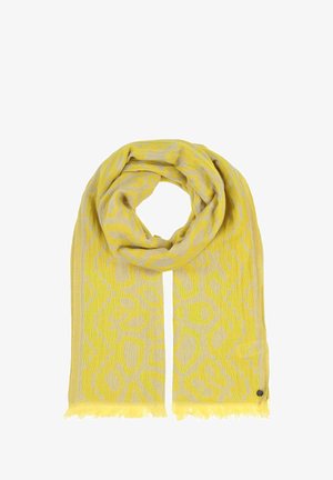 Gul tørklæde med et subtilt struktureret dyreprintmønster. Materialet har en blød overflade med frynser i kanterne. Lille accentdetalje i den ene ende.