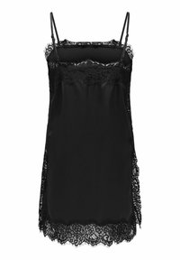Robe nuisette en satin noir avec bretelles spaghetti réglables et bordure en dentelle florale sur l'encolure, les côtés et l'ourlet.