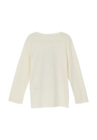 Langärmliges, cremefarbenes Baumwollhemd. Verfügt über einen runden Halsausschnitt und eine glatte, weiche Textur. Keine sichtbaren Muster oder Logos.