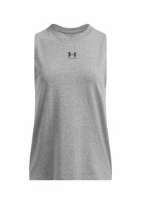 Graues ärmelloses Sporttop aus weichem Stoff mit Rundhalsausschnitt; verfügt über ein kleines schwarzes Under Armour-Logo auf der Brust.