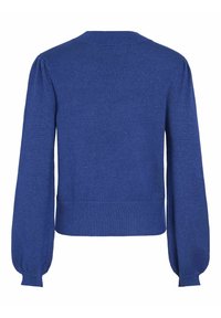 Maglione blu lavorato a maglia con scollatura a girocollo, maniche lunghe a sbuffo e orlo a coste. Tessuto liscio e colore uniforme senza fantasie o accenti.