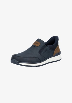 Chaussures sans lacets en cuir bleu foncé avec une finition texturée, présentant des accents en cuir marron, une semelle blanche et des panneaux élastiques latéraux.