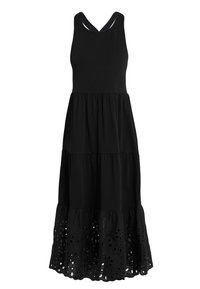 Černé bezramínkové šaty s vrstevnatým designem, obsahující vyšívané květinové výřezy na lemu. Hladká tkanina s volným střihem.