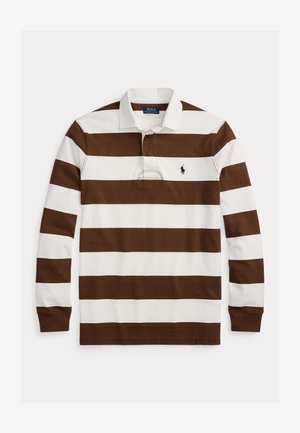 Pitkähihainen rugbypaita, jossa leveät vaakasuorat ruskeat ja valkoiset raidat, valkoinen kaulus ja pieni laivaston sininen Polo Ralph Lauren -logo rinnassa.