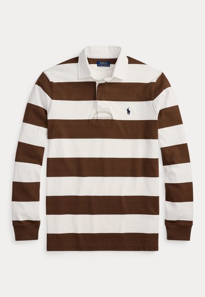 Maglia da rugby a maniche lunghe con ampie strisce orizzontali marroni e bianche, colletto bianco e piccolo logo Polo Ralph Lauren blu navy sul petto.