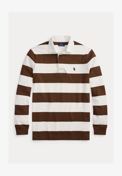 Maglia da rugby a maniche lunghe con ampie strisce orizzontali marroni e bianche, colletto bianco e piccolo logo Polo Ralph Lauren blu navy sul petto.