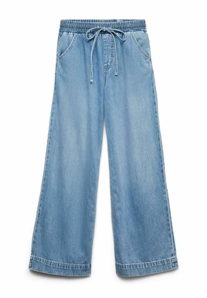 Hellblaue weite Jeanshose mit elastischem Bund und vorderem Kordelzug, ausgestattet mit Seitentaschen und abgesteppten Säumen.