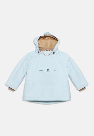 Light blue hooded winter jacket with brown fleece lining, front pocket with snap button, and extended cuffs on sleeves.