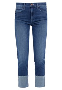 Denim jeans in dark blue with distressed hem, featuring cuffed light blue sections at the ankles and standard front pocket design.