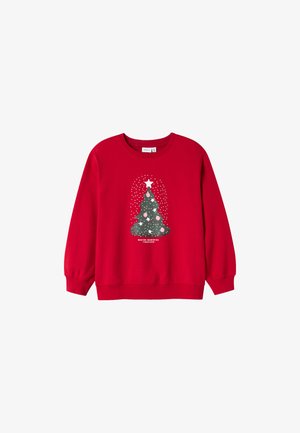Rotes Sweatshirt mit langen Ärmeln, verziert mit einem grünen Weihnachtsbaum und einem weißen Stern oben, umgeben von weißen Punkten und dem Text „Gemeinsam Erinnerungen schaffen“.