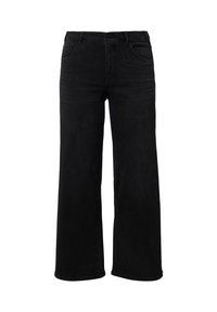 Czarne szerokie spodnie dżinsowe o gładkiej fakturze, z klasycznym pięciokieszeniowym krojem i zamkiem błyskawicznym zapinanym na guzik.