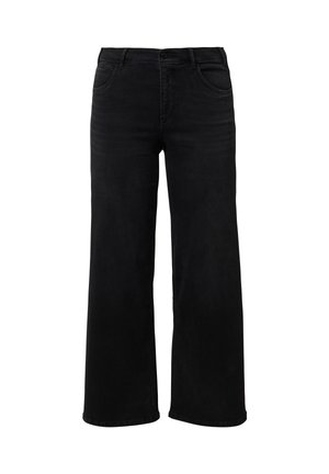 Czarne szerokie spodnie dżinsowe o gładkiej fakturze, z klasycznym pięciokieszeniowym krojem i zamkiem błyskawicznym zapinanym na guzik.
