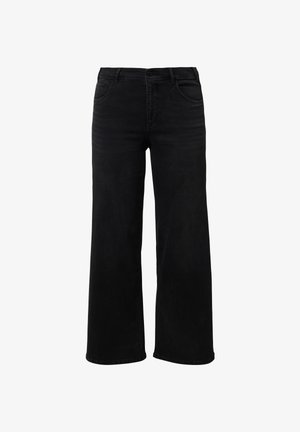 Schwarze, weit geschnittene Denim-Hose mit glatter Textur, ausgestattet mit einem klassischen Fünf-Taschen-Design und einem Reißverschluss mit Knopfverschluss.