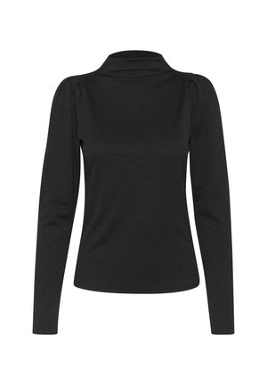 Fekete, hosszú ujjú felső, magas gallérral, texturált anyagból készült. Puffos vállakkal és karcsú sziluettel rendelkezik. Nincs látható minta.