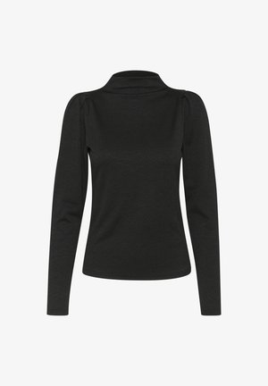 Fekete, hosszú ujjú felső, magas gallérral, texturált anyagból készült. Puffos vállakkal és karcsú sziluettel rendelkezik. Nincs látható minta.