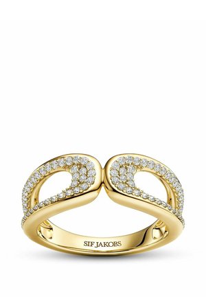 Guld ring med to åbne dråbeformede figurer prydet med små diamanter, indgraveret indvendigt med mærkenavnet SIF JAKOBS.