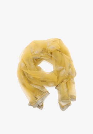 Sciarpa gialla trasparente realizzata in tessuto leggero, con ricami di foglie argentate e una finitura in pizzo metallico lungo i bordi.