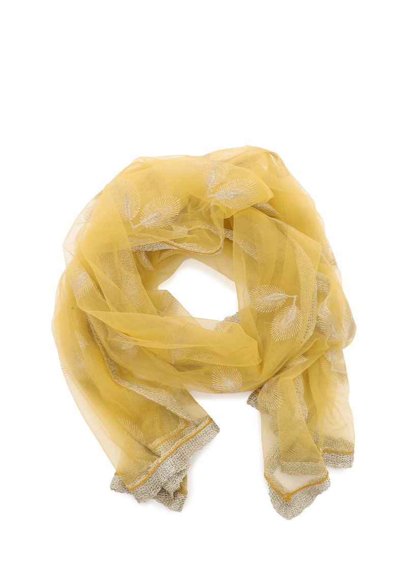 Sciarpa gialla trasparente realizzata in tessuto leggero, con ricami di foglie argentate e una finitura in pizzo metallico lungo i bordi.