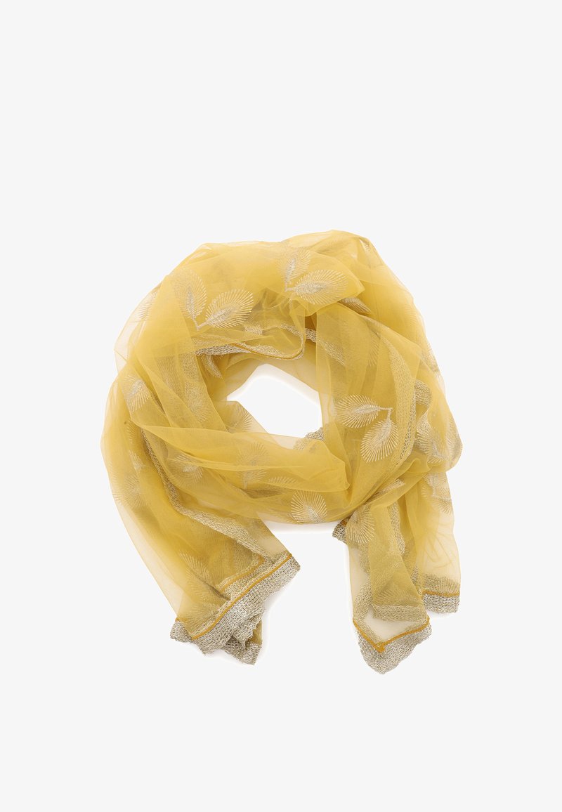 Sciarpa gialla trasparente realizzata in tessuto leggero, con ricami di foglie argentate e una finitura in pizzo metallico lungo i bordi.