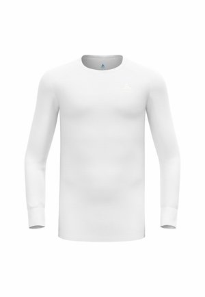 Langarm weißes Hemd mit rundem Ausschnitt, glatter Textur, figurbetontem Design und kleinem Logo auf der oberen linken Brust.