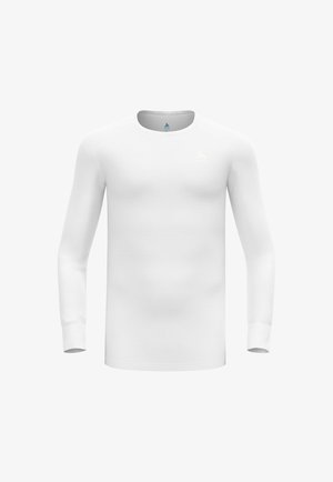 Camicia bianca a maniche lunghe con scollatura tonda, texture liscia, design aderente e un piccolo logo sul lato sinistro del petto.