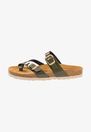 Grüne Lackledersandalen mit zwei verstellbaren goldenen Schnallen, strukturiertem braunen Fußbett und leichtem Kork-Zwischensohlen auf einer weißen Gummisohle.