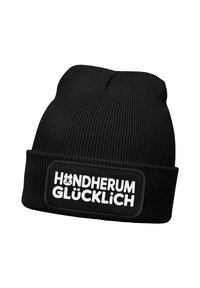 Black knitted beanie with folded cuff and white patch text "HUNDHERUM GLÜCKLICH" featuring a small dog face icon in the letter "U".