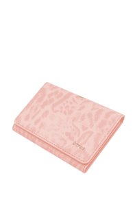 Roze portemonnee gemaakt van een gestructureerd materiaal met een subtiele dierenprint. Bevat een vouwontwerp en een reliëflogo aan de voorkant.