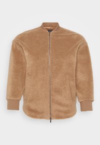Veste en fausse fourrure couleur beige avec fermeture éclair sur le devant, poignets côtelés et col montant. Elle dispose de deux poches latérales et d'une texture douce.