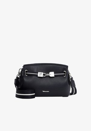 Schwarze, strukturierte Leder-Umhängetasche mit silberner Schnallendetail und verstellbarem schwarzen Riemen mit weißen Streifen.
