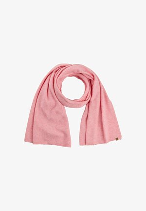Écharpe rose clair en tissu doux, présentant une texture lisse et un design simple et fluide avec une petite étiquette de marque à une extrémité.