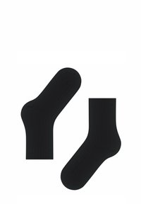 Schwarze, gestreifte Baumwollsocken in einheitlicher schwarzer Farbe, mit einer Standardform und -design, geeignet für legere oder formelle Anlässe.