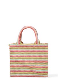 Geweven tote bag met zigzagpatroon in pasteltinten, met twee korte handvatten en een gestructureerde rechthoekige vorm. Textuurafwerking.