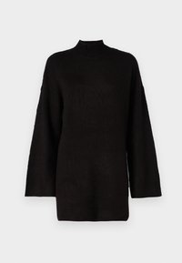 Black oversized knit sweater with a high mock neck and long sleeves, featuring a textured fabric for added visual interest.