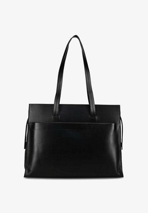 Schwarze Ledertasche mit zwei langen Henkeln und einer großen Fronttasche, minimalistisches Design, glatte Textur.