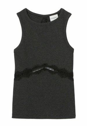 Top de tirantes acanalado gris oscuro con un detalle de encaje negro a lo largo de la cintura. Diseño sin mangas con un escote redondo.