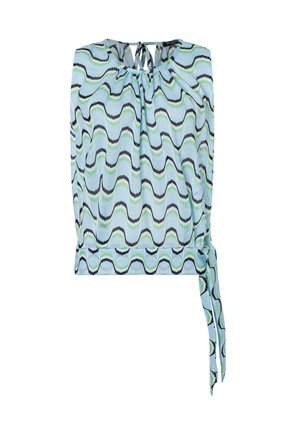 Sleeveless light blue blouse with green and black wavy stripes, gathered neckline with tie, and side tie detail at hem.