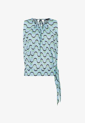 Sleeveless light blue blouse with green and black wavy stripes, gathered neckline with tie, and side tie detail at hem.