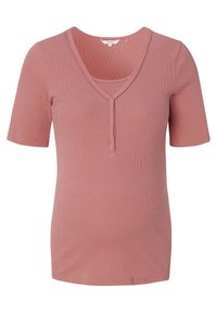 Kraam top met korte mouwen in zacht blushroze, geribbelde textuur, V-hals met knoopdetail, binnenlaag voor ondersteuning, casual pasvorm.