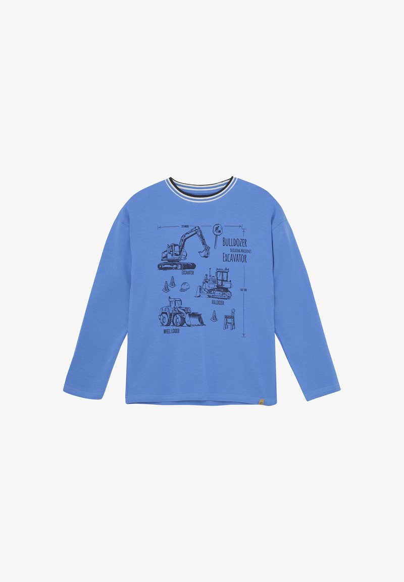 Camicia a maniche lunghe blu in cotone, con grafiche di veicoli da costruzione neri, tra cui un escavatore e un bulldozer, con scollatura a righe.