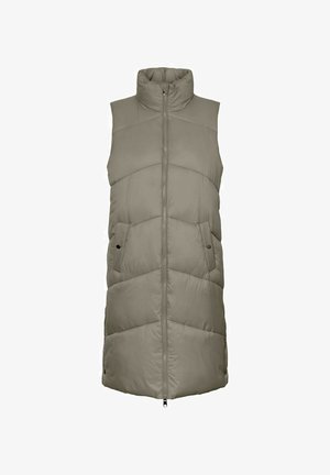 Long, sleeveless puffer vest in muted olive green. Features a high collar, zip closure, and two side pockets with snap buttons.