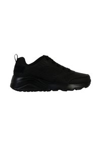 Czarne sportowe sneakersy z siateczkową i syntetyczną cholewką, wyściełanym kołnierzem, teksturowanymi bocznymi panelami, sznurowanym zapięciem oraz gumową podeszwą.